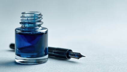 Small bottle of deep blue ink beside a fountain pen on a light blue background