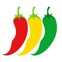 Hot chili pepper red yellow and green food icon on white background.