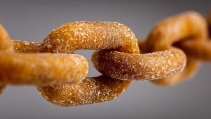 Close Up of Sugar-Coated Donut Rings on Chain in Soft Lighting