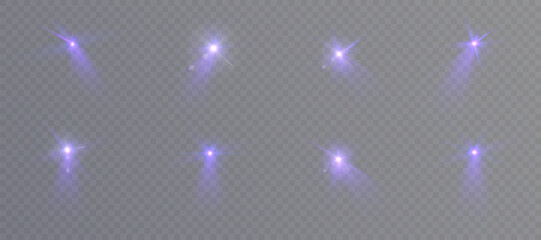 Collection of purple light glares with rays on transparent background. Bright light rays, reflections from shapes, lenses. Used for glow effects.