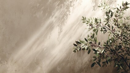 Sunlit olive branch against a textured beige wall, casting shadows