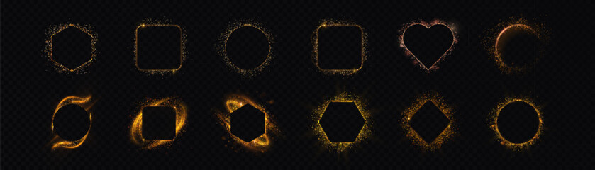 Collection of vector frames with golden glow and glitter. Shape options: circle, heart, square, hexagon and abstract compositions.