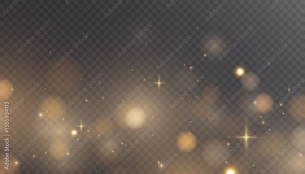 Poster Gold dust light bokeh. Christmas glowing bokeh and glitter overlay texture for your design on a transparent background. Golden particles abstract vector background.	
