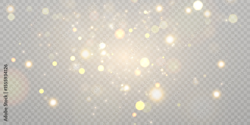 Poster Gold dust light bokeh. Christmas glowing bokeh and glitter overlay texture for your design on a transparent background. Golden particles abstract vector background.	
