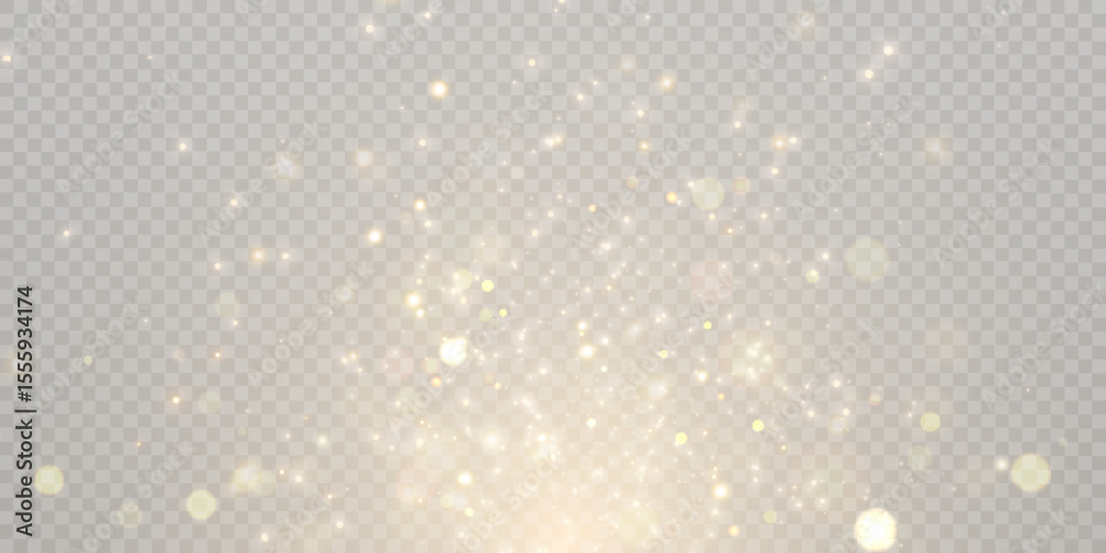 Aufkleber Gold dust light bokeh. Christmas glowing bokeh and glitter overlay texture for your design on a transparent background. Golden particles abstract vector background.	
