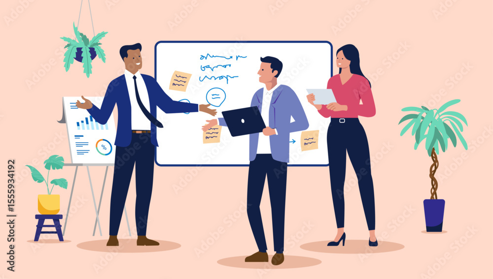 Poster Three business professionals working in an office, with two engaging in a discussion by a whiteboard with sticky notes and one using a laptop. Flat design vector illustration