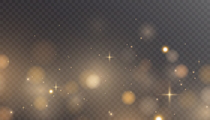 Gold dust light bokeh. Christmas glowing bokeh and glitter overlay texture for your design on a transparent background. Golden particles abstract vector background.	

