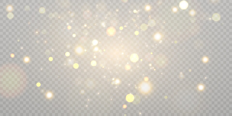 Gold dust light bokeh. Christmas glowing bokeh and glitter overlay texture for your design on a transparent background. Golden particles abstract vector background.	
