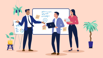 Three business professionals working in an office, with two engaging in a discussion by a whiteboard with sticky notes and one using a laptop. Flat design vector illustration