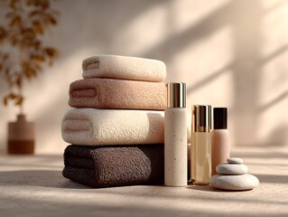 Stack of neatly folded towels with skincare products displayed in a spa for relaxation and wellness.