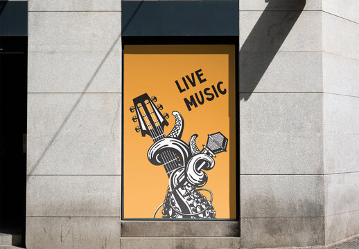 Mockup of Large vertical billboard stands empty on a storefront in Madrid