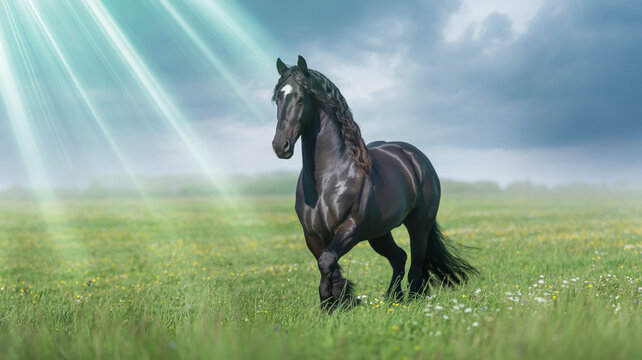 A majestic black horse stands in a lush green meadow under a misty sky.