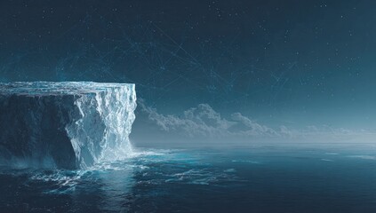 A digital rendering of a cliff face, partially ice, overlooking a dark ocean under a star-studded, network-patterned sky