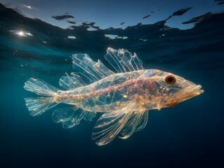 Fototapeta premium A transparent fish swims in clear blue ocean water, showcasing its unique internal anatomy and skeleton.