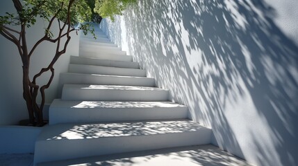 White Stairs Casting Hard Black Shadows on a Clean White Wall with Green Tree Branches