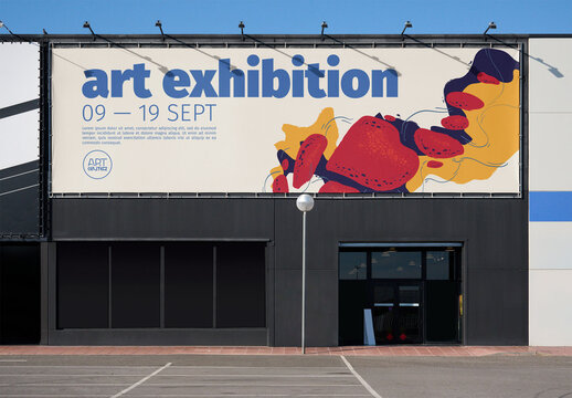 A large horizontal billboard on a storefront awaits new advertisements, set against a clear blue sky in a commercial area. PSD template mockup