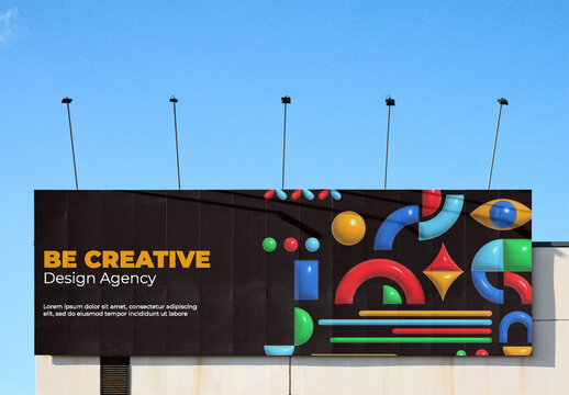 A spacious white billboard is mounted on a storefront wall, providing a blank canvas against the clear blue sky. PSD template mockup