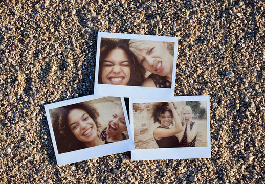 Polaroids on Sandy Surface. PSD template mockup.