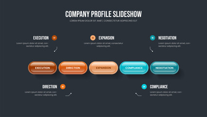Obraz premium Corporate Visualization Presentation Template Vector Illustration. Market Campaign Five Step Diagram Frame Layout. Creative Growth 5 Option Infographic Slideshow Design.