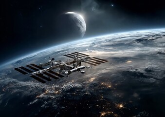 A vivid and detailed illustration showcasing the International Space Station orbiting Earth with the Moon&rsquo;s textured surface majestically framed in the background. 