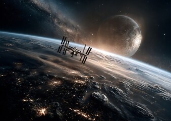 A vivid and detailed illustration showcasing the International Space Station orbiting Earth with the Moon&rsquo;s textured surface majestically framed in the background. 