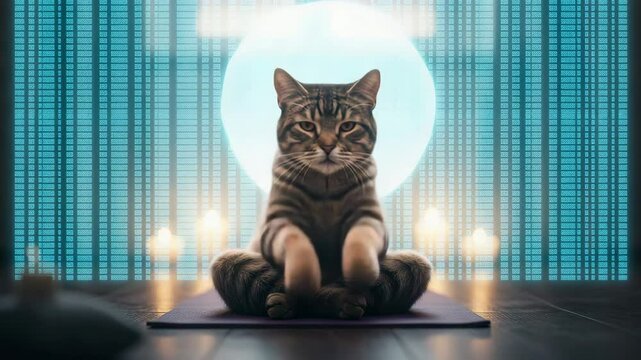 Adorable Cat Meditating in Lotus Pose on Yoga Mat with Calm Expression in Minimalist Room