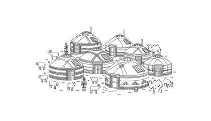 Mongolian Yurt Village A Detailed Line Art Illustration of Traditional Architecture