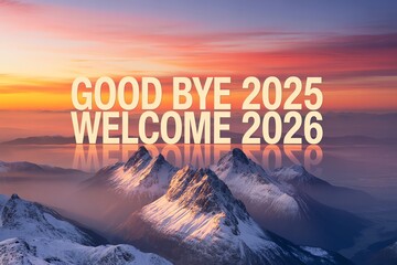 Stunning mountain view at sunrise with text marking the transition from 2025 to 2026, symbolizing new beginnings.