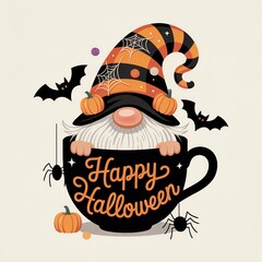 Whimsical Halloween gnome peeking from a cup, wearing a striped hat with pumpkins and bats around.