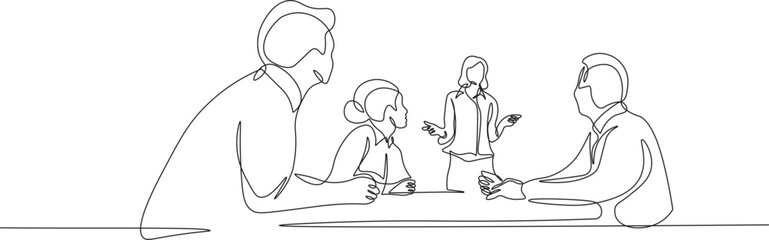 Continuous Line Drawing of Team. Men and Women in Business Meeting Discussing Ideas and Strategy. Minimalist illustration of business people in black linear sketch isolated on white background