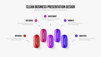 Professional Forecast Slide Template Vector Illustration. Corporate Portfolio Five Step Infographic Slideshow Layout. Visual Insight 5 Option Diagram Frame Design.