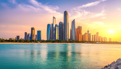 Dubai and Chicago city skylines at sunset and dusk with urban buildings and water views.