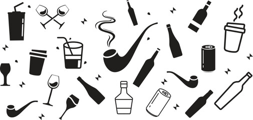 Beverages or drinks icon set. Containing bottle, wine glass, coconut, mineral water, tea, coffee, beer, soda can, juice, cup, cocktail