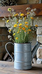 Rustic metal watering can vase with wildflowers on wooden table