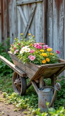 Rustic wooden wheelbarrow with colorful flowers and watering can in garden