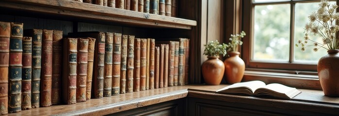 Cozy library corner with vintage books and open window