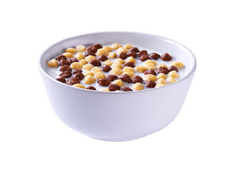 corn balls and chocolate corn balls with milk in a bowl isolated on a white background.