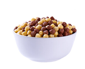 ceramic  bowl of corn balls and chocolate corn balls isolated on a white background.