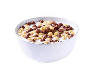 corn balls and chocolate corn balls with milk in a bowl isolated on a white background.