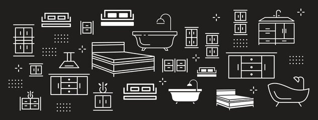 A set of furniture and decor elements. Collection of interior items for a cozy isolated interior. Vector illustration.