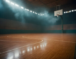 Empty basketball court with dramatic lighting and smoke, basketball court in the stadium