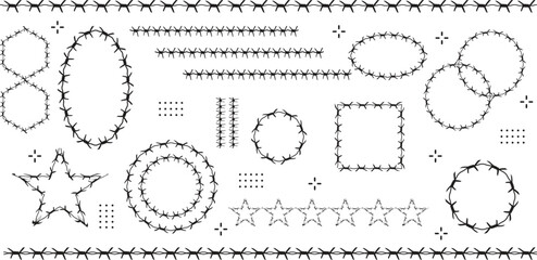 Barbed wire. Template of brush, barbwire set isolated silhouette