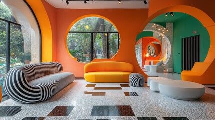 Fototapeta premium Retro-inspired lounge with bold striped chairs, geometric floor and vibrant, modern interior design