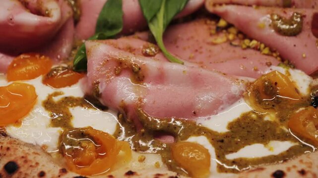 Delicious pizza with cheese mozzarella, sausage mortadella with pistachio, stracciatella burrata and tomatoes cherry yellow. High quality 4k footage
