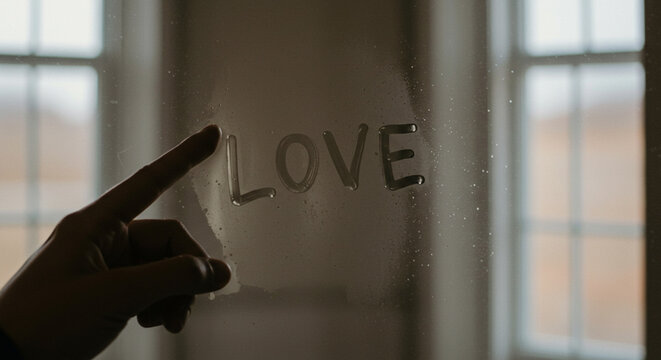 Hand tracing the word 'love' on a foggy glass window indoors  