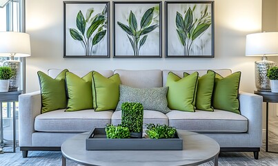 Stylish living room featuring a gray sofa adorned with green accent pillows, complemented by botanical wall art. Generative Ai