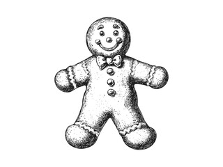 Vintage Christmas gingerbread man, festive holiday treat, hand-drawn decor, retro style sketch, old engraving look, rustic holiday cookie art, Xmas food illustration, ink drawing