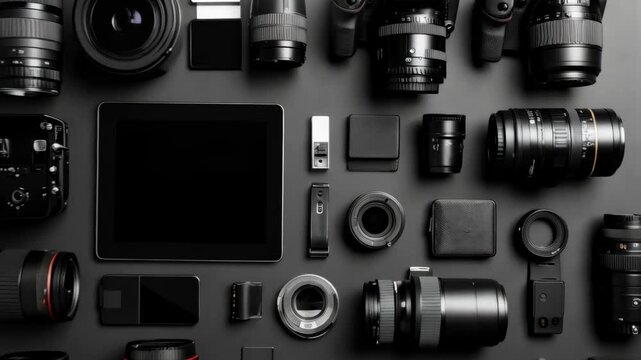 Digital photography equipment arranged neatly on a dark gray surface showcasing cameras, lenses, and tech gadgets.