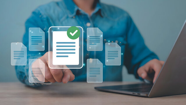 Processing paperwork through digital transformation shows document management and workflow automation for efficiency with online document completion and approval.