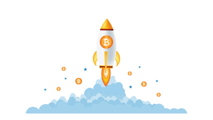 3d rocket with bitcoin symbol